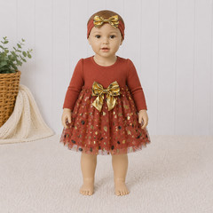 NWT Baby Starters 9M Rust Orange Gold Foil Leaves Tulle Dress Gold Bow Headband