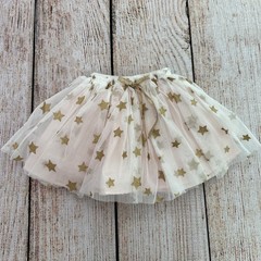 POPATU Girl’s Pink & White Lined Tulle Tutu Skirt w/ Gold Glitter Stars – 2T/3T