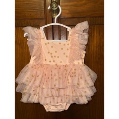 Marie Nicole Clothing Baby Girl Gold Polka Dot Tulle Tutu Romper Peach 3-6M