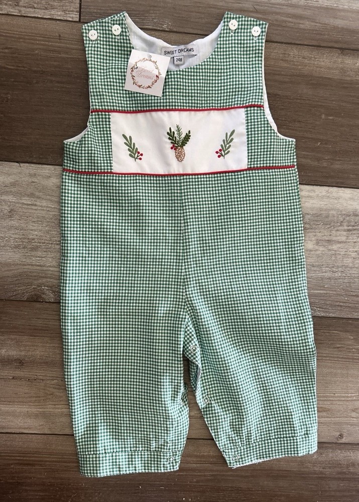 NWT Sweet Dreams Green Gingham 24 Months Holiday Overalls Jon Jon