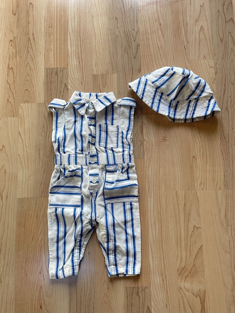 Jessica Simpson Infant 0 3M Striped Jumpsuit One Piece Outfit Hat Linen Blend