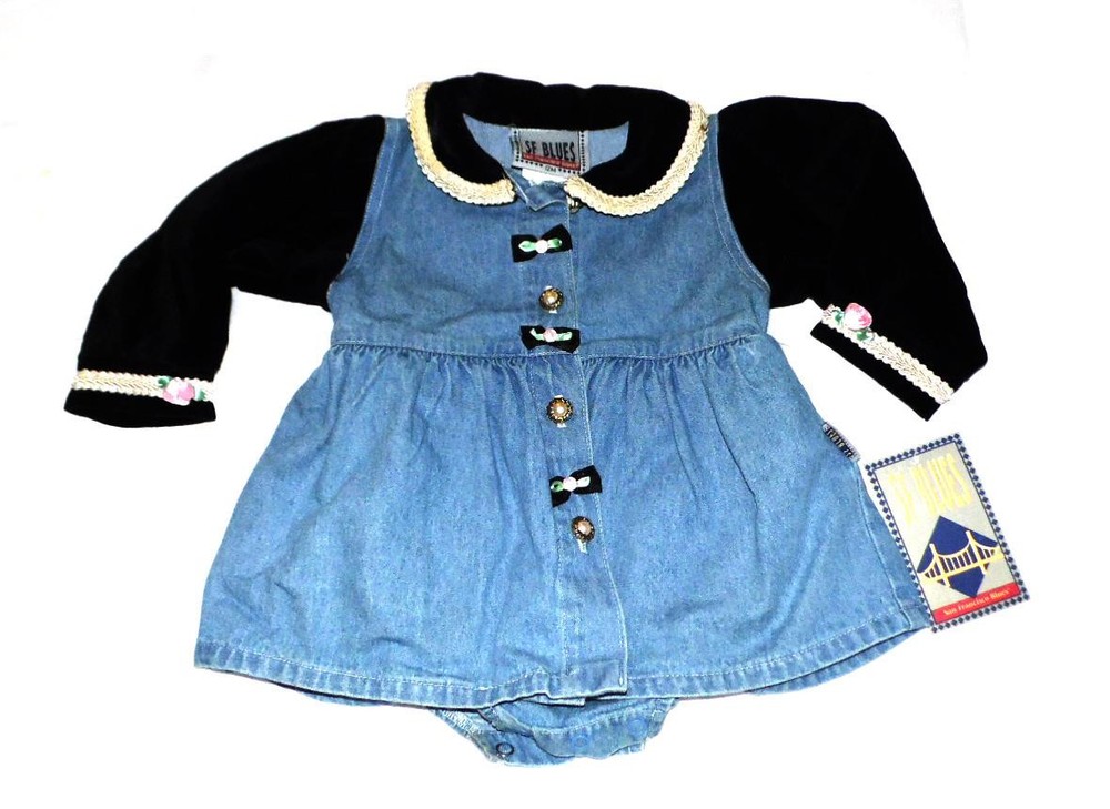 SF Blues Denim New 1 pc Dress with Pink Bows and Buttons Long Sleeves SIZE 12 M