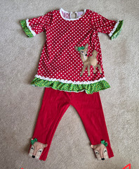 24M Nursery Rhymes Christmas Deer Red White Polka Dot Ruffle Top & Pants Set