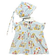 Vtg Baby Girl Hollie Hobby Gingham Dress Bonnet Set Sz 3-6m Cottage Kitty Puppy