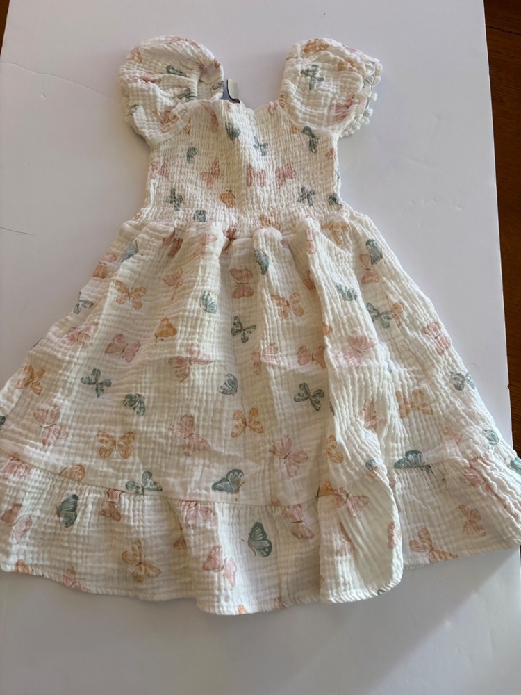 Chickpea Organic Girls Butterfly Dress White Muslin Puff Sleeve EUC Toddler