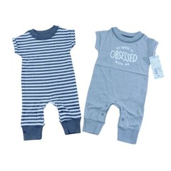 NB Baby Romper Set Striped & ‘Obsessed’ Text Print Cotton Jumpsuits Blue & Gray