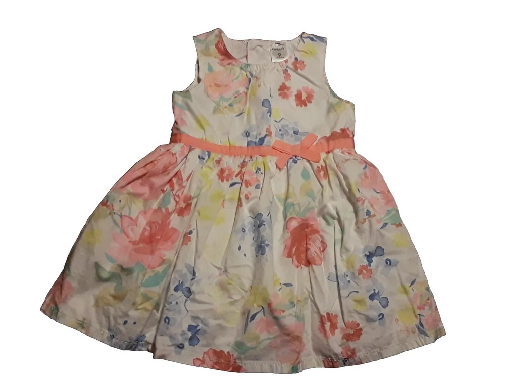 Carters Baby Girl 9mo Dress EUC White Coral Blue Yellow Floral Lined GORGEOUS