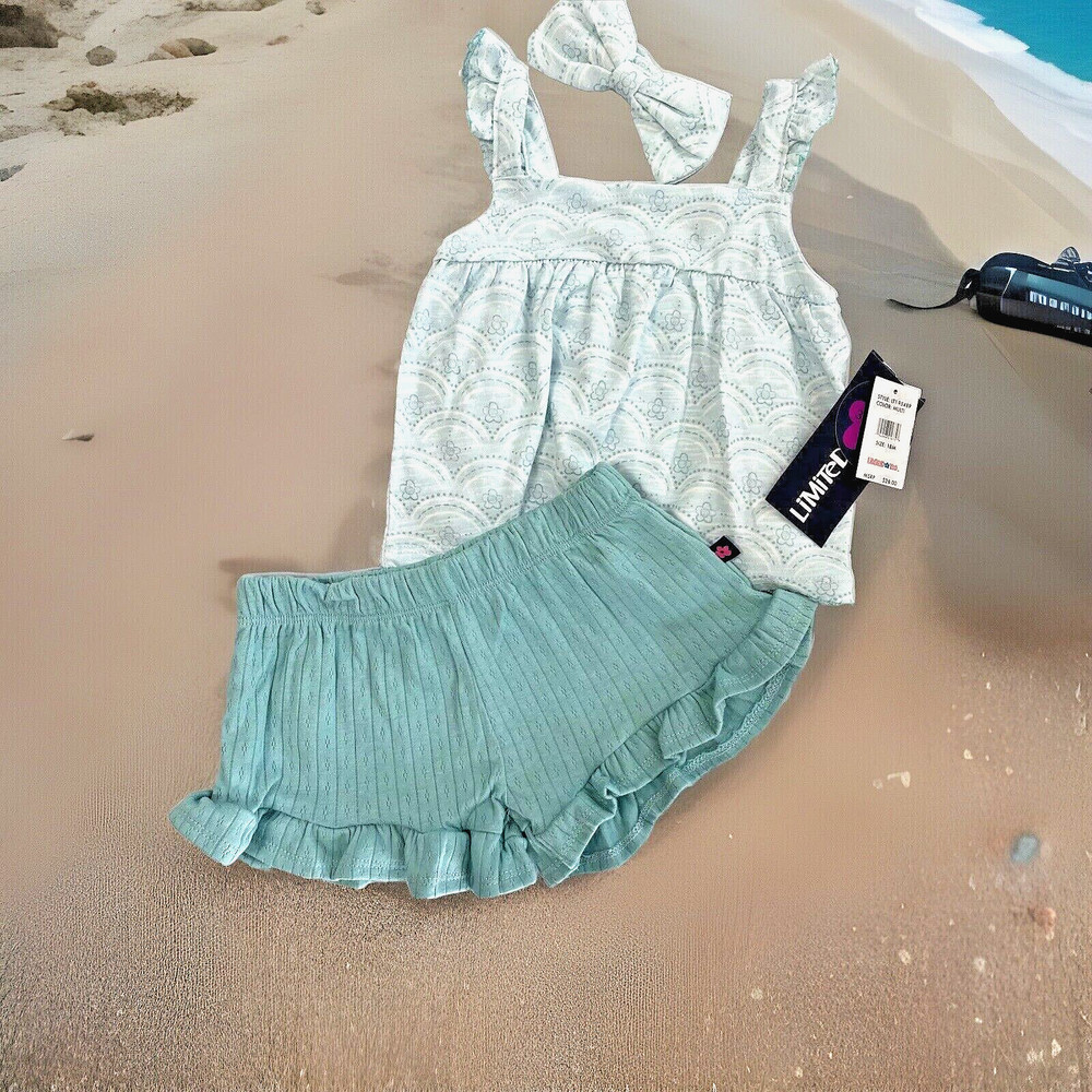 Blue Shorts Outfit Top Ruffles Headband Limited Too Baby Girl 24M Summer #103