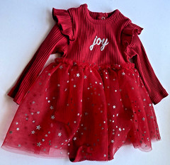 Little Me Joy Red Long Sleeve Ribbed Bodysuit Tulle Silver Stars Tutu 9 Months
