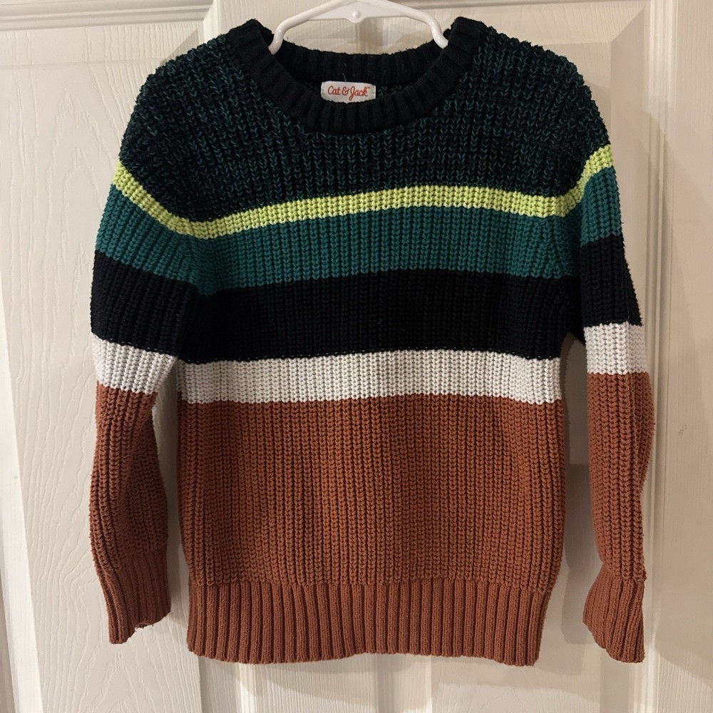 Cat & Jack Boys Striped Knit Sweater Green Brown Black Toddler 4T