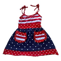 Red White & Blue Toddler Dress Girls L Patriotic Stars Stripes Polka Dot Pockets