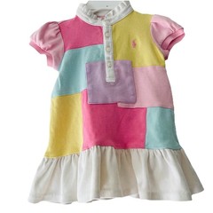 Ralph Lauren Baby Girl 12 Months Vibrant Patchwork Polo Preppy Dress Ruffle Hem