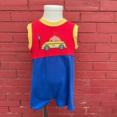 Vtg 90s Simply Basic Toddler Boys Taxi Cab Colorblock Romper Red Blue Size 24M