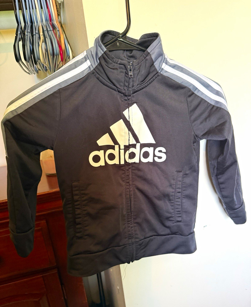 Adidas Track Jacket Full Zip Sweatshirt Black White Gray Logo Kids 4T