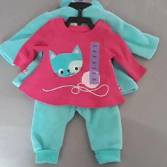 ZUTANO GIRL’S 4 PC PANTS TOP SWEATER HAT CAT SET(TEAL/PINK 3MONTHS)NWT