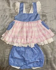 2T Outfit Pinafore 2pc Dress & Bloomers Lace Pink Plaid Blue Adjustable Strap