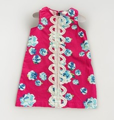 MUDPIE-Sz.4T-Toddler Girl Shift Dress-Blue Floral On Dark Pink-Sleeveless-A-Line