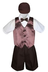 Dark Brown Shorts & Hat Boy Toddler Formal Satin Vest Bow Tie 5PC Suit Set