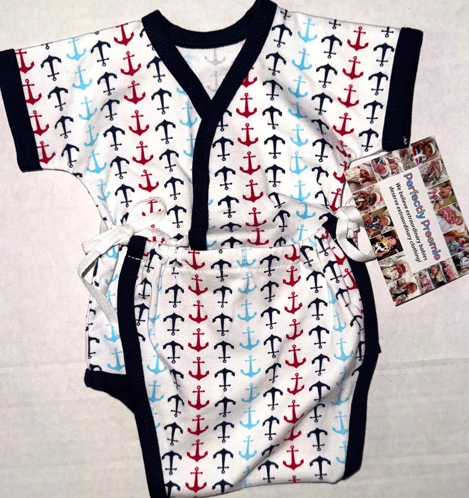 PERFECTLY PREEMIE romper white/navy/anchor motif SMALL NEWBORN/PREEMIE
