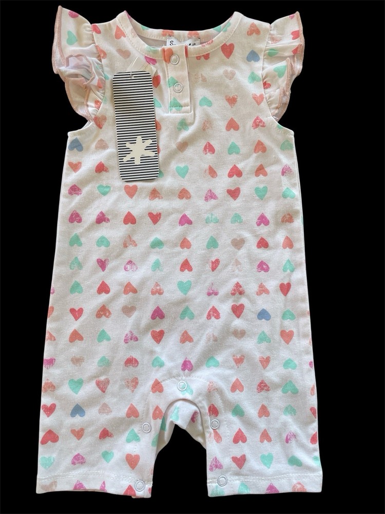 Splendid NWT White/Aqua/Pink Hearts Cotton/Polyester Knit Henley Romper-3-6 Mos