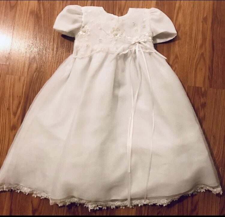 Designer Infant Baptism Christening Dress Gown Sequin Pearl Floral Lace Ribbon