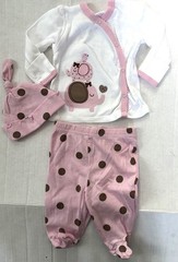 GERBER 3 piece set white/pink/brown polka dots ELEPHANT motif size NEWBORN