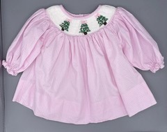 Cecil & Lou Girls NB Smocked Christmas Trees Pink Gingham Bows Dress