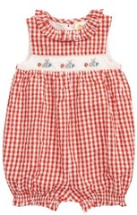 Mini Boden Romper Baby Girl 12-18 Months Red Gingham Smocked Bunny Ruffle Cotton