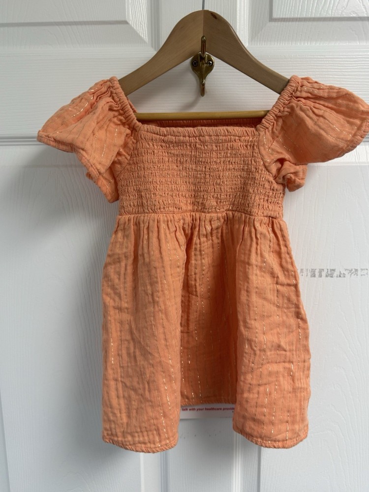 Cat & Jack Peach Girls Cotton Smocked Bodice Flutter Sleeve Gold Metallic Stripe