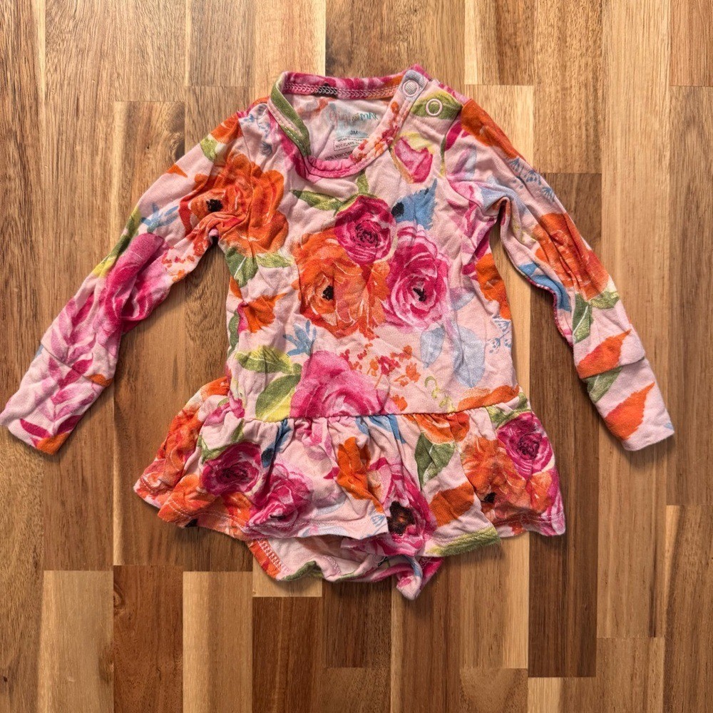 Gigi and Max Floral Bamboo Ruffle Romper Pink Orange Long Sleeve 3M