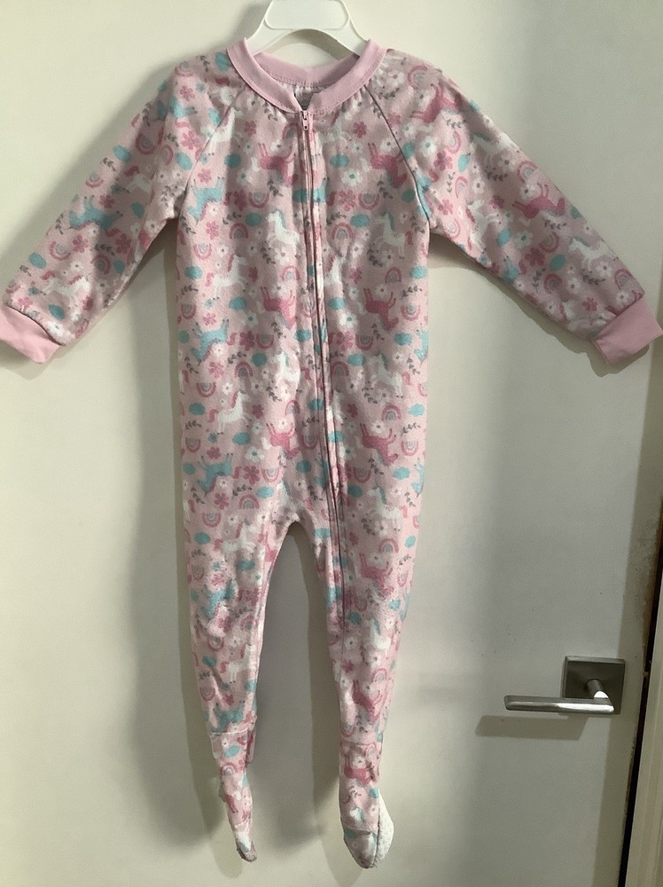 Pajamas Warm One Piece Footed Zip Up Long Sleeve Toddler Size 3T Pink W/Unicorns