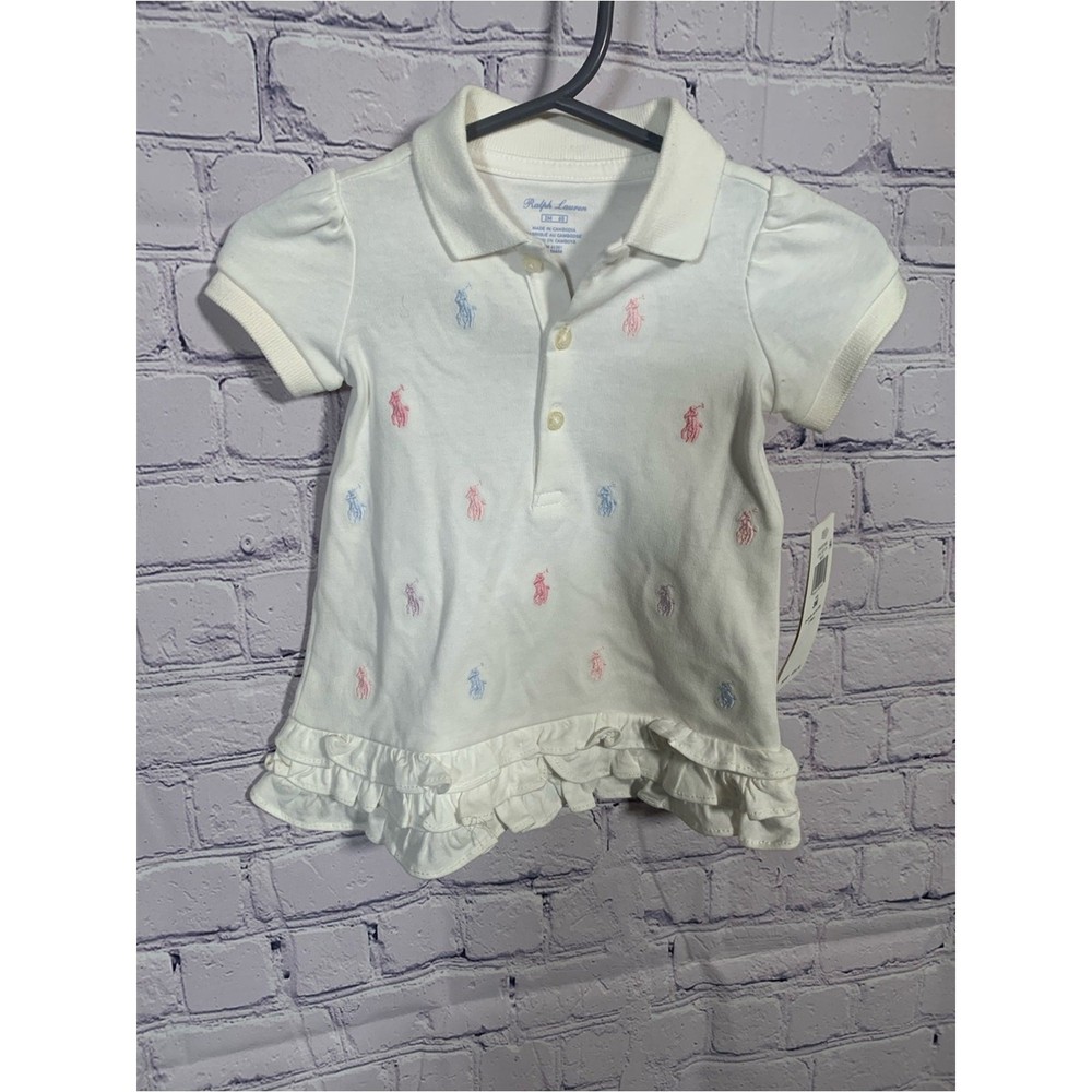 Ralph Lauren Core Replin Ruffle Polo Dress White Embroidered Logo Sz 3M NWT