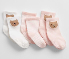 Baby Gap Ankle Socks Girls 9-12 Months Bear Face 3 Pack Pink Stripe Multipack