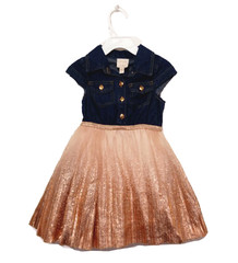 NWT Pink & Violet Girls Toddler Denim Gold Sparkle Dress 2T Cap Sleeve Collared