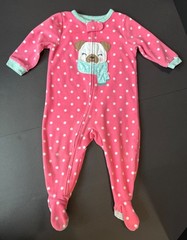 Carters Pink Fleece Footie Pajama Sleeper with Polka Dots and Puppy Appliqué 12M