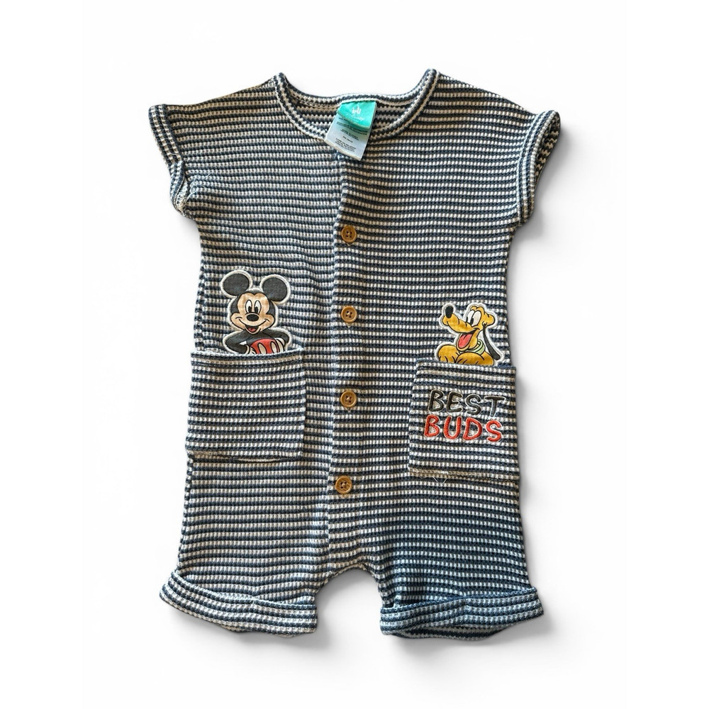 Disney Baby Mickey Mouse Pluto Striped Blue/White Romper 12M Pockets