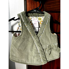 Shabby Chic Olive Corduroy Vest Baby Girls 3-6M Floral Lining Bow Cottagecore