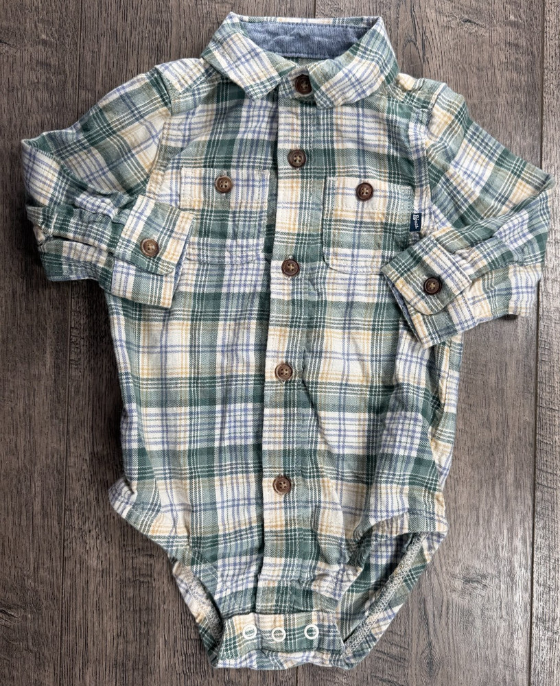 Baby Boy Clothes Oshkosh 9 Month Green Plaid Dressy L/S Bodysuit