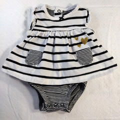Carter’s Girls Bodysuit Dress 3M Black & White Stripes S/S Gold Hearts Stretch