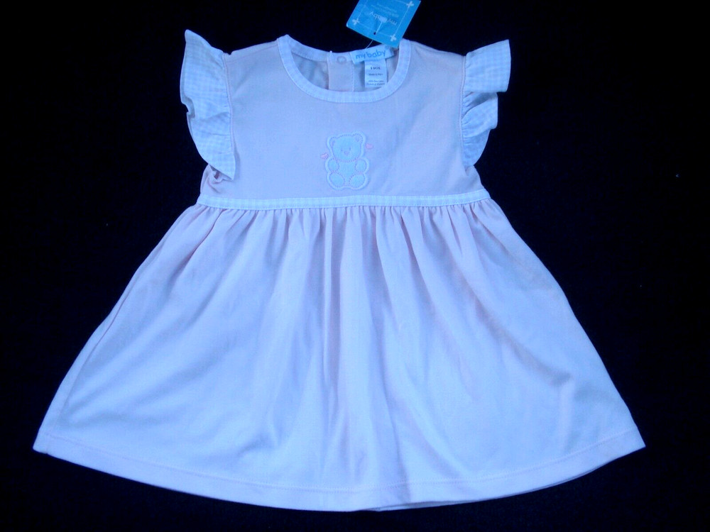 My Baby 100% Pima Cotton Pink Dress Gingham Trim Appliqued Bear 9 Months NEW