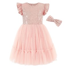 Girls Sequin Tulle Dress Ruffle Sparkle Birthday Baby Tutu Dress Pink Gold 4T
