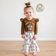 New To The Herd Baby Girl Western Outfit Highland Cow Print Long Sleeve Rompe…