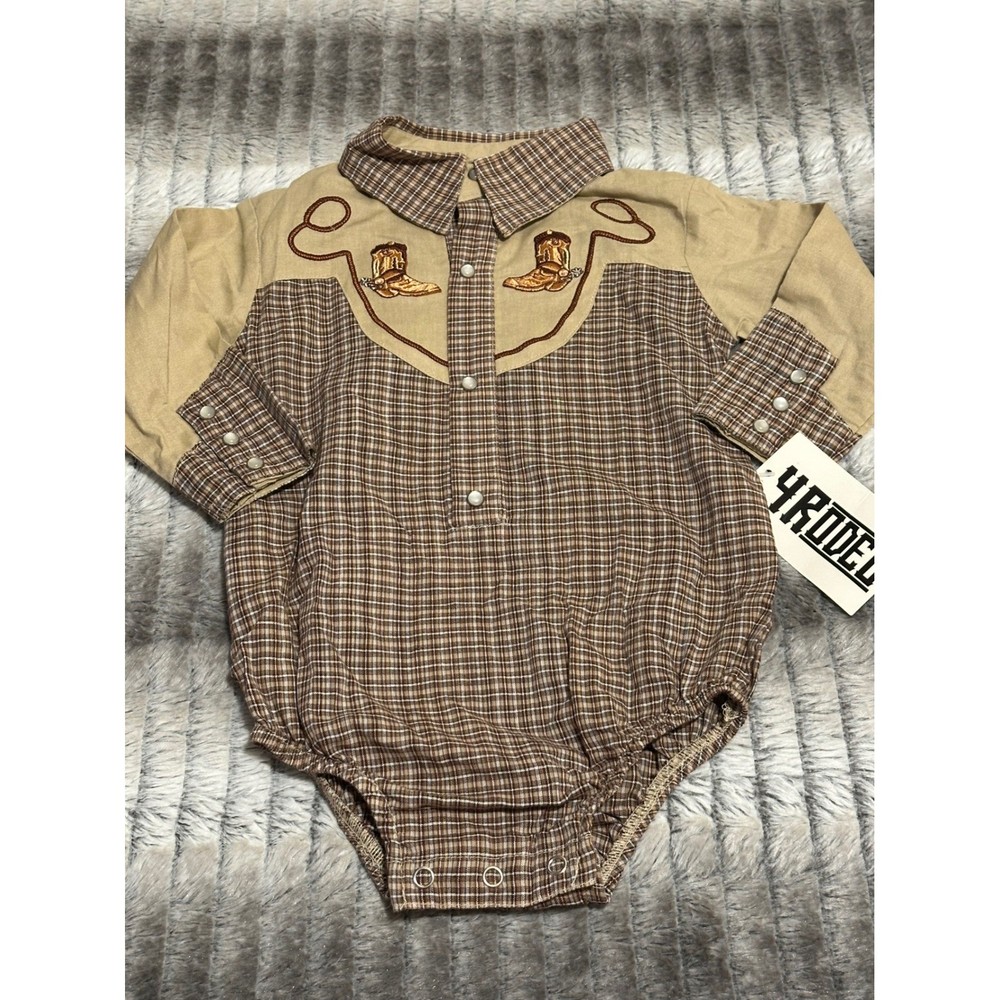 4Rodeo Infant Western Bodysuit Brown Plaid Embroidered Cowboy Boots 0-6 Months