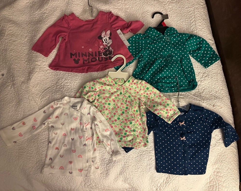 Baby Girl 0-3 Months Clothes Lot 0f 5 pieces – Minnie Mouse, rainbow, cardigans