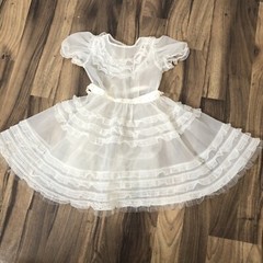 Girls Vintage Party Circle Dress Sheer White Chiffon Ruffled Lace Trim Size 7
