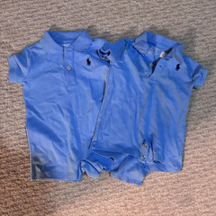 Polo Ralph Lauren 2pc Blue Cotton Knit Collared Romper Bodysuit 3M