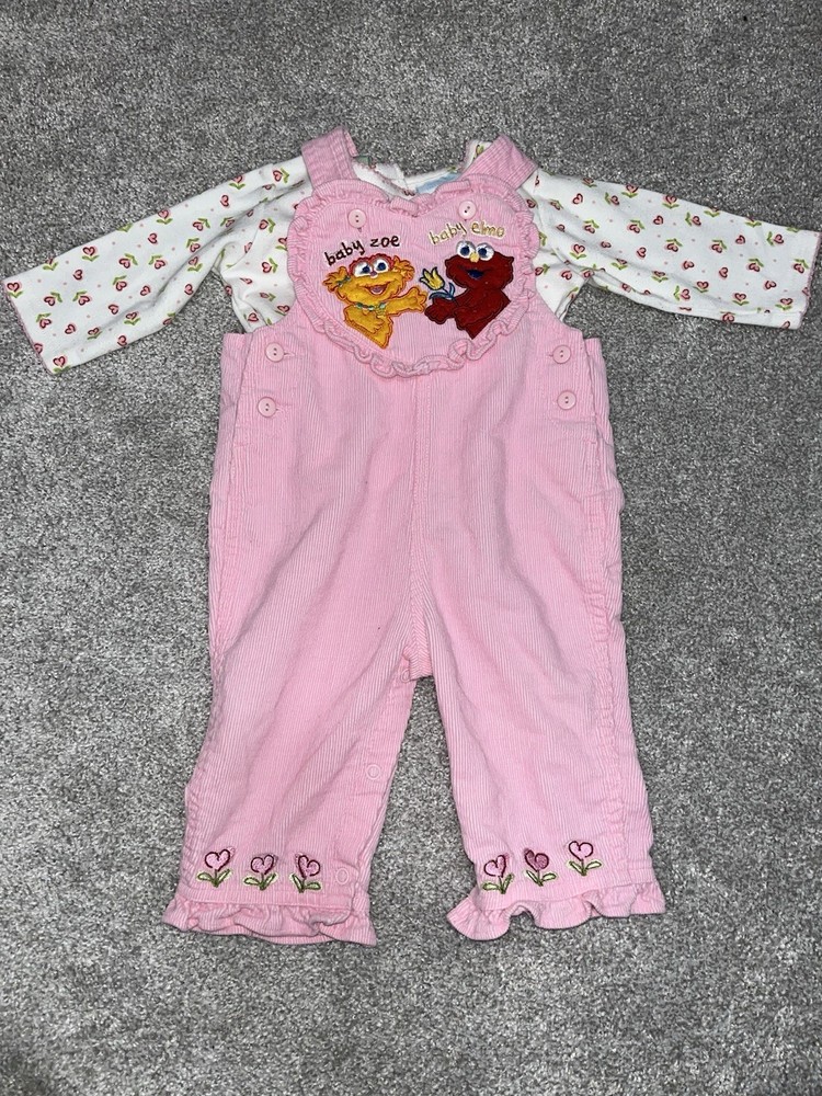 Vintage/Y2K Sesame Beginnings 2pc Pink Corduroy Overalls+Top Heart Elmo Zoe 6-9M