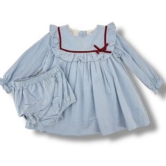 Edgehill Collection Blue Corduroy Dress Set Baby Girl Sz 12M Velvety Bow Bloomer