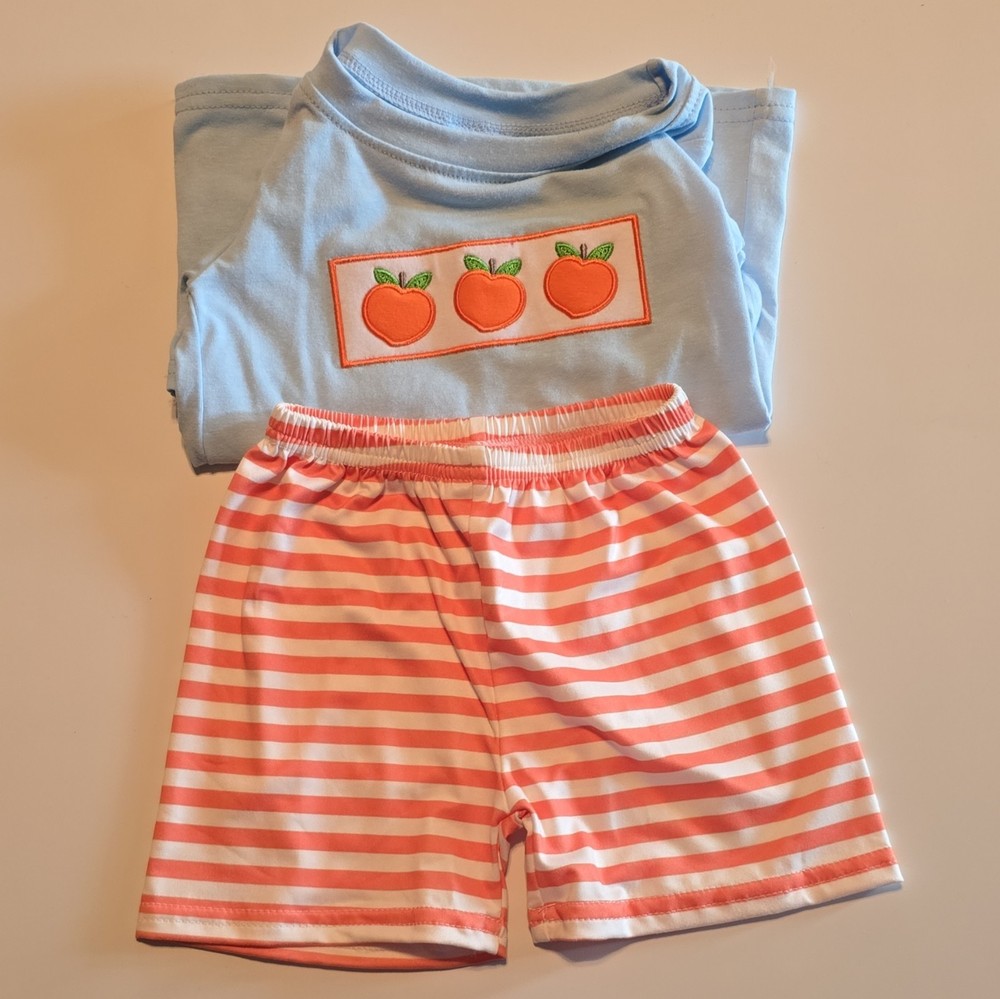 Multicolor Cotton 2T Fruit & Striped Short Sleeve Shirt and Shorts Set