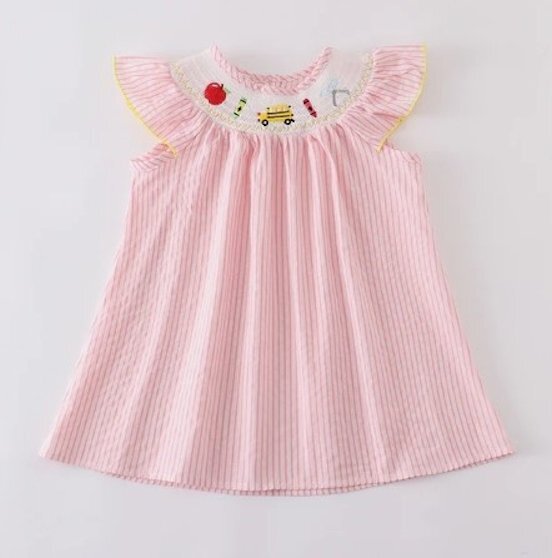 Boutique Back to School Apple School Bus Girls Pink Embroidered Smocked Dress